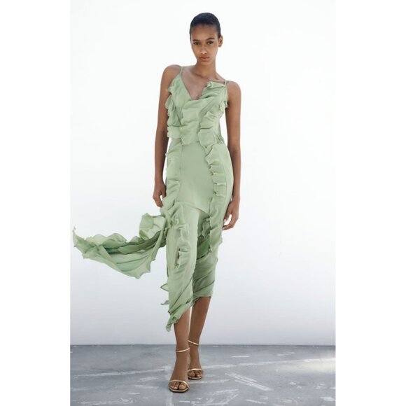 NWT ZARA Sea Green Chiffon Ruffle Cascading Long V-Neck Maxi Dress, Size L - Picture 11 of 15